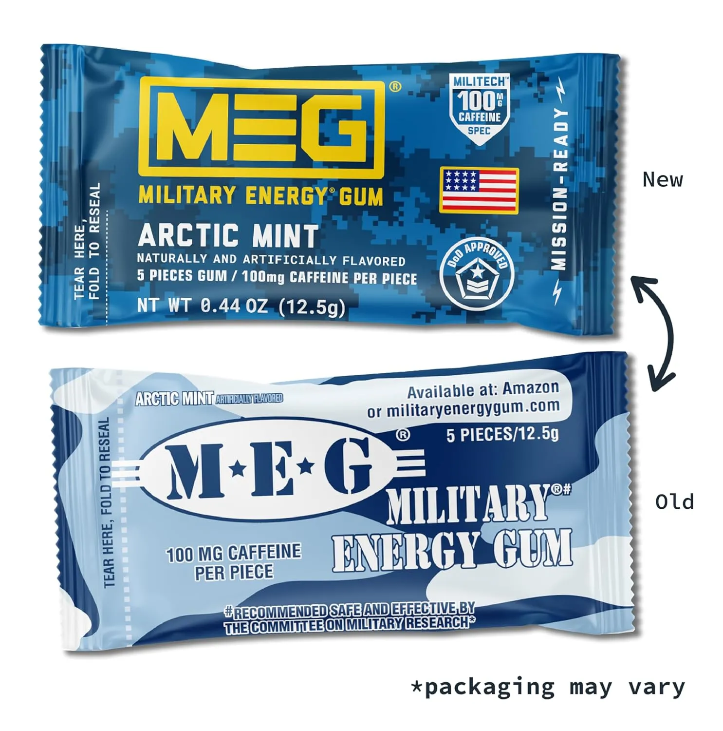 MEG - Military Energy Gum | 100mg of Caffeine Per Piece   Increase Energy   Boost Physical Performance   Arctic Mint 24 Pack (120 Count)