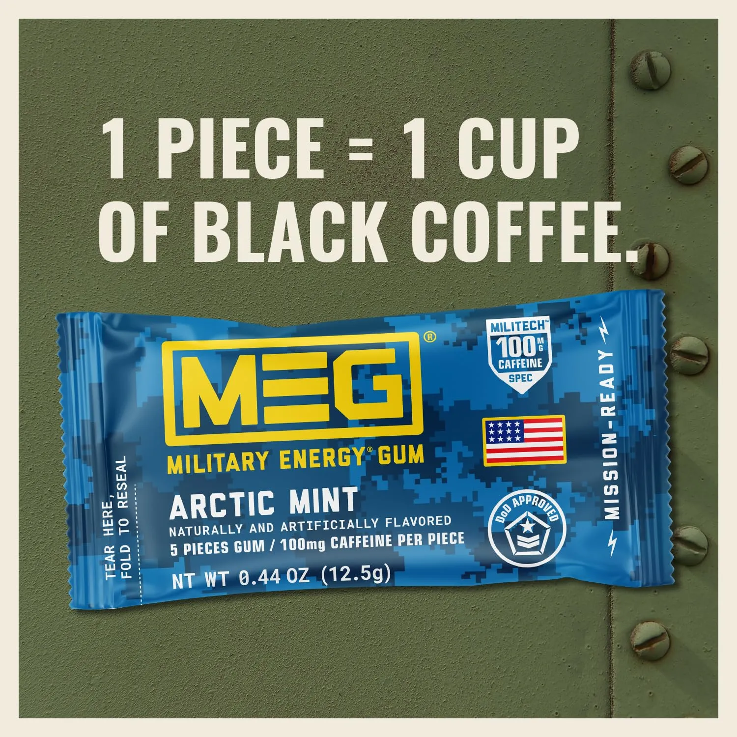 MEG - Military Energy Gum | 100mg of Caffeine Per Piece   Increase Energy   Boost Physical Performance   Arctic Mint 24 Pack (120 Count)