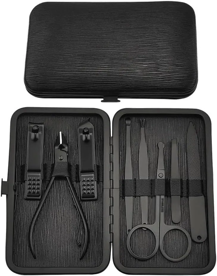 Men Personal Care Tools Accessories Finger and Toe Nail Clippers Kit Home Nail Clipper 8 Piece Set Large Opening Manicure Tool Unisex Mini Compact Gift Eyebrow Clip Tweezers(Black)