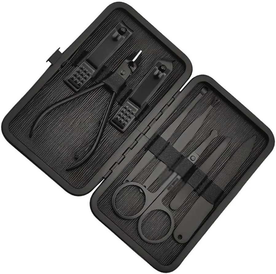 Men Personal Care Tools Accessories Finger and Toe Nail Clippers Kit Home Nail Clipper 8 Piece Set Large Opening Manicure Tool Unisex Mini Compact Gift Eyebrow Clip Tweezers(Black)