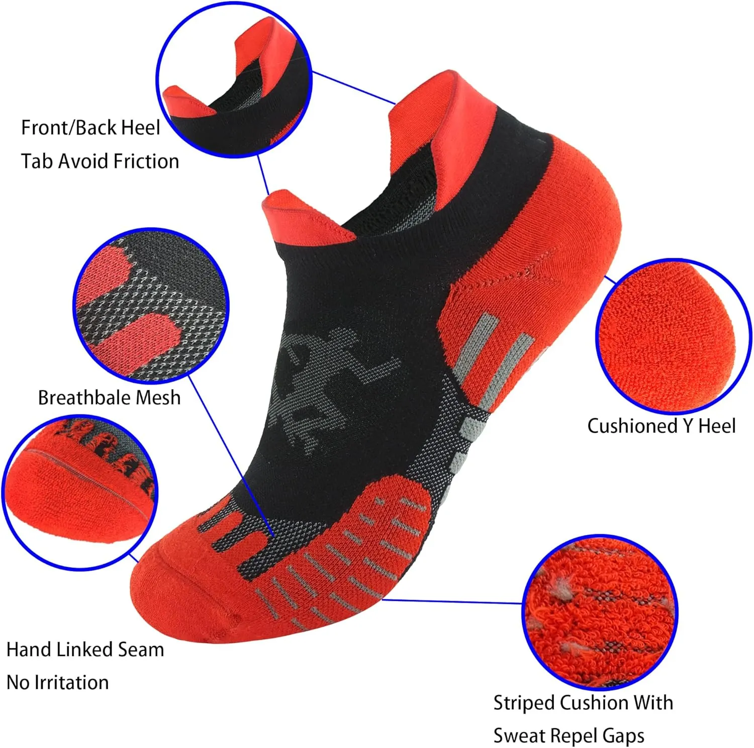 Mens and Womens 5 Pairs Red Padded Anti Odor Blister Proof Seamless Low Cut Cotton Running Socks