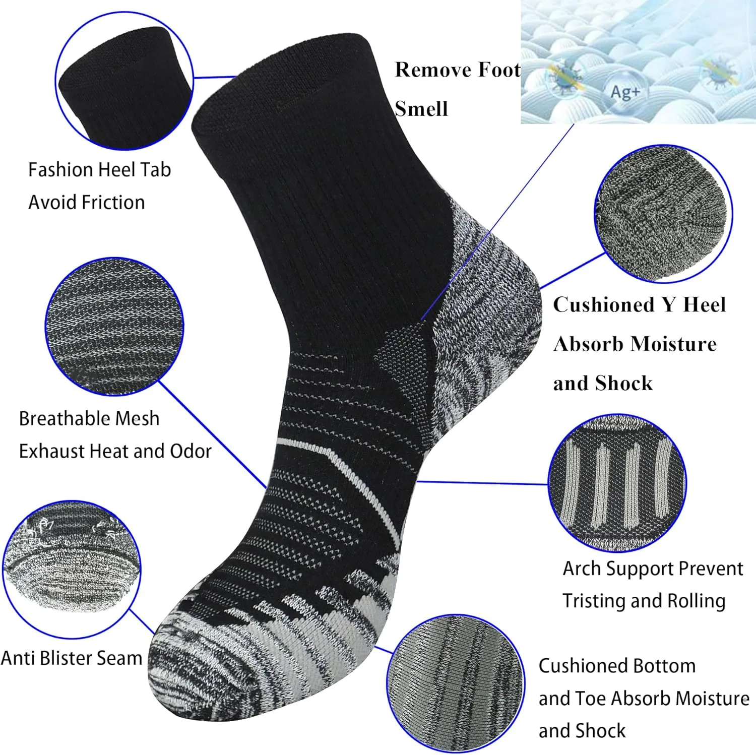 Men's and Women's Anti Blister Odor Control Cushioned Ankle Low Cut/Quarter Crew Athletic Running and Cycling Socks