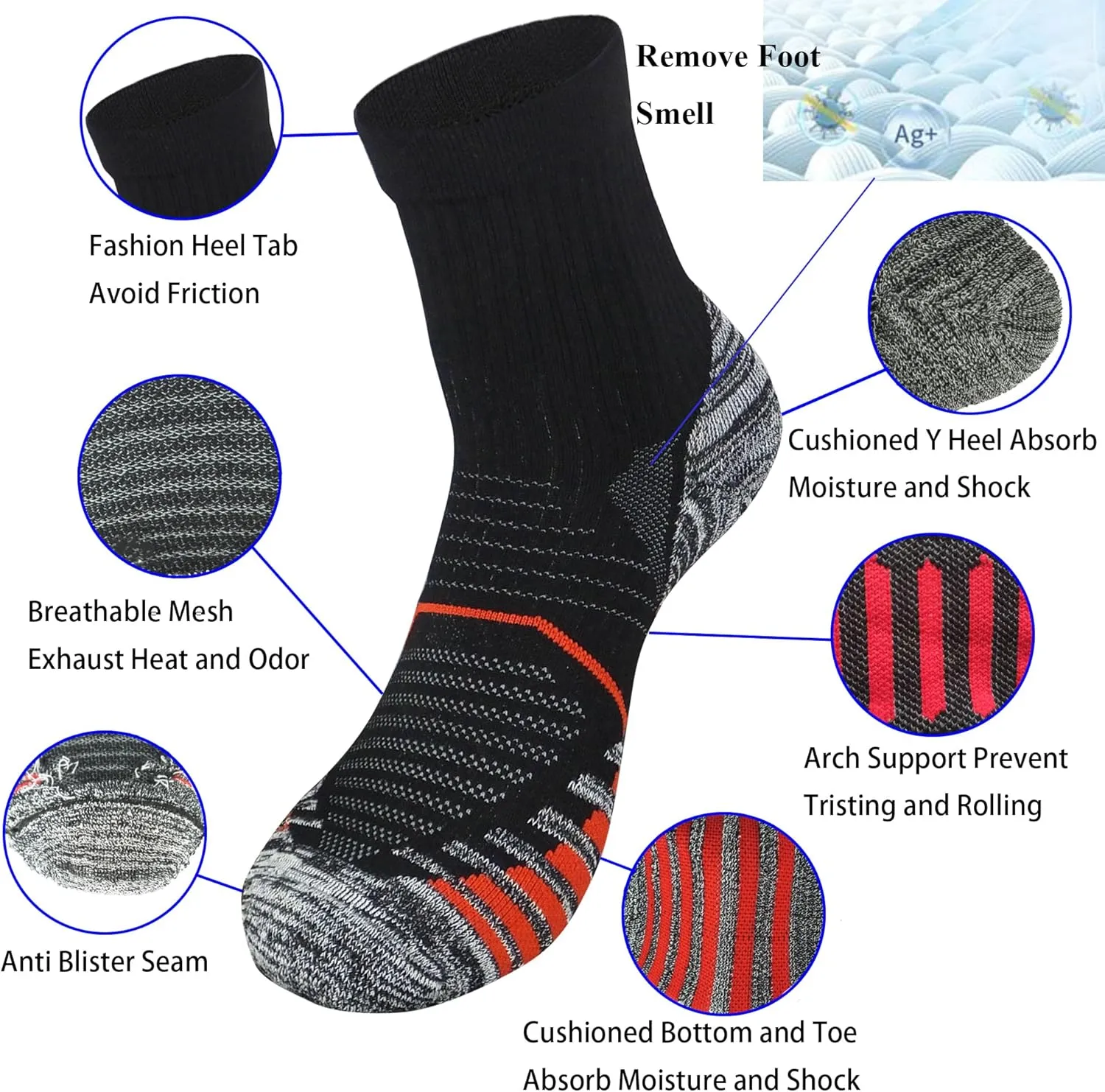 Men's and Women's Anti Blister Odor Control Cushioned Ankle Low Cut/Quarter Crew Athletic Running and Cycling Socks