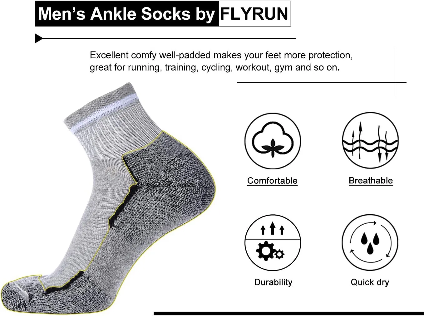 Men's Athletic Ankle Quarter Socks Men Comfort Cushion Moisture Wicking Work Sock 6 Pack