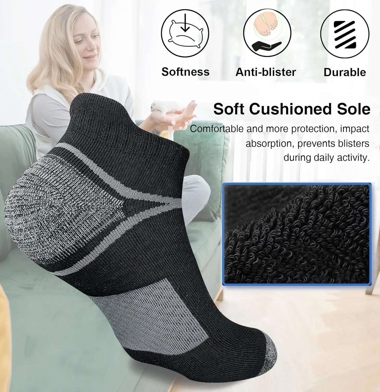 Men's Athletic Cushioned Ankle Socks Comfort Wicking Anti-Blister Running Sock 5 Pairs
