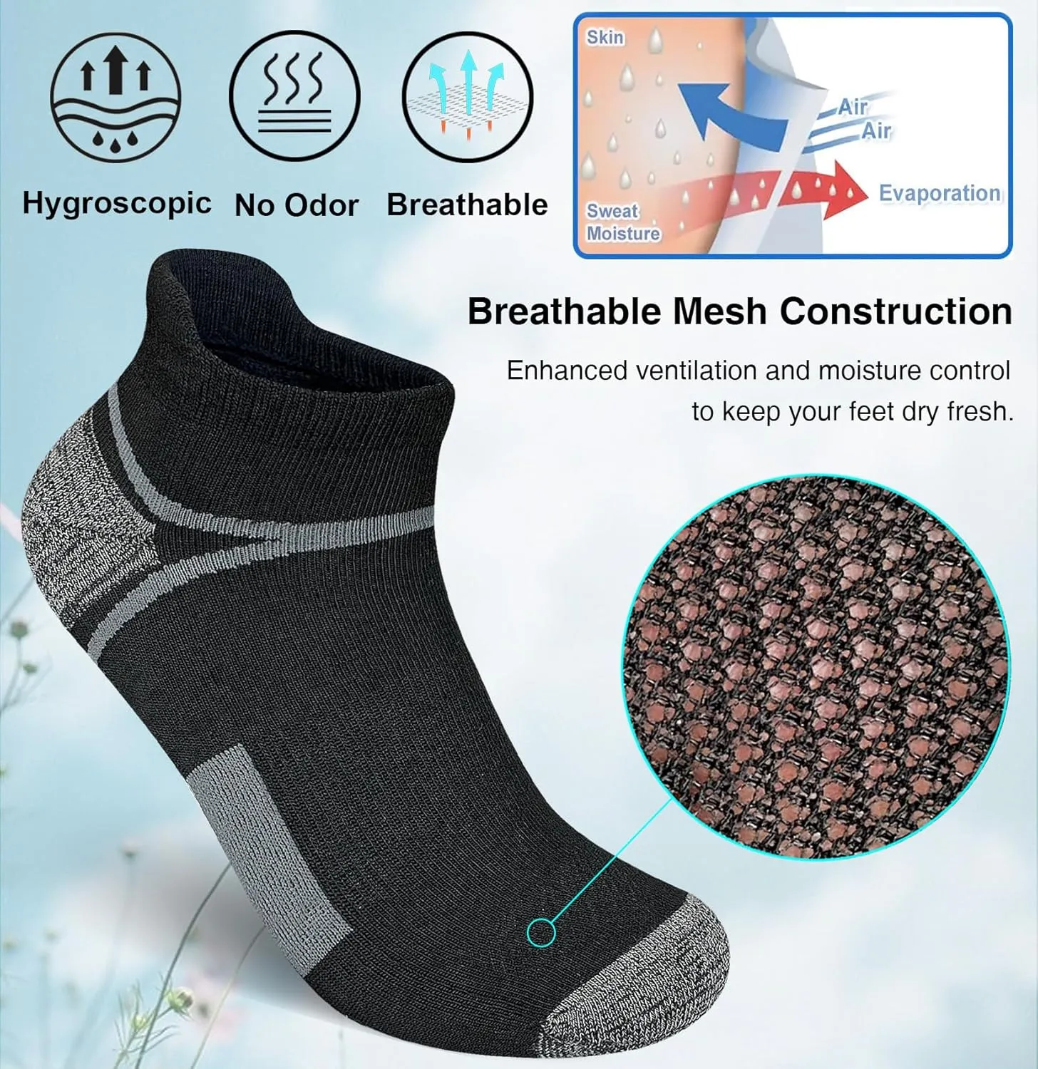 Men's Athletic Cushioned Ankle Socks Comfort Wicking Anti-Blister Running Sock 5 Pairs