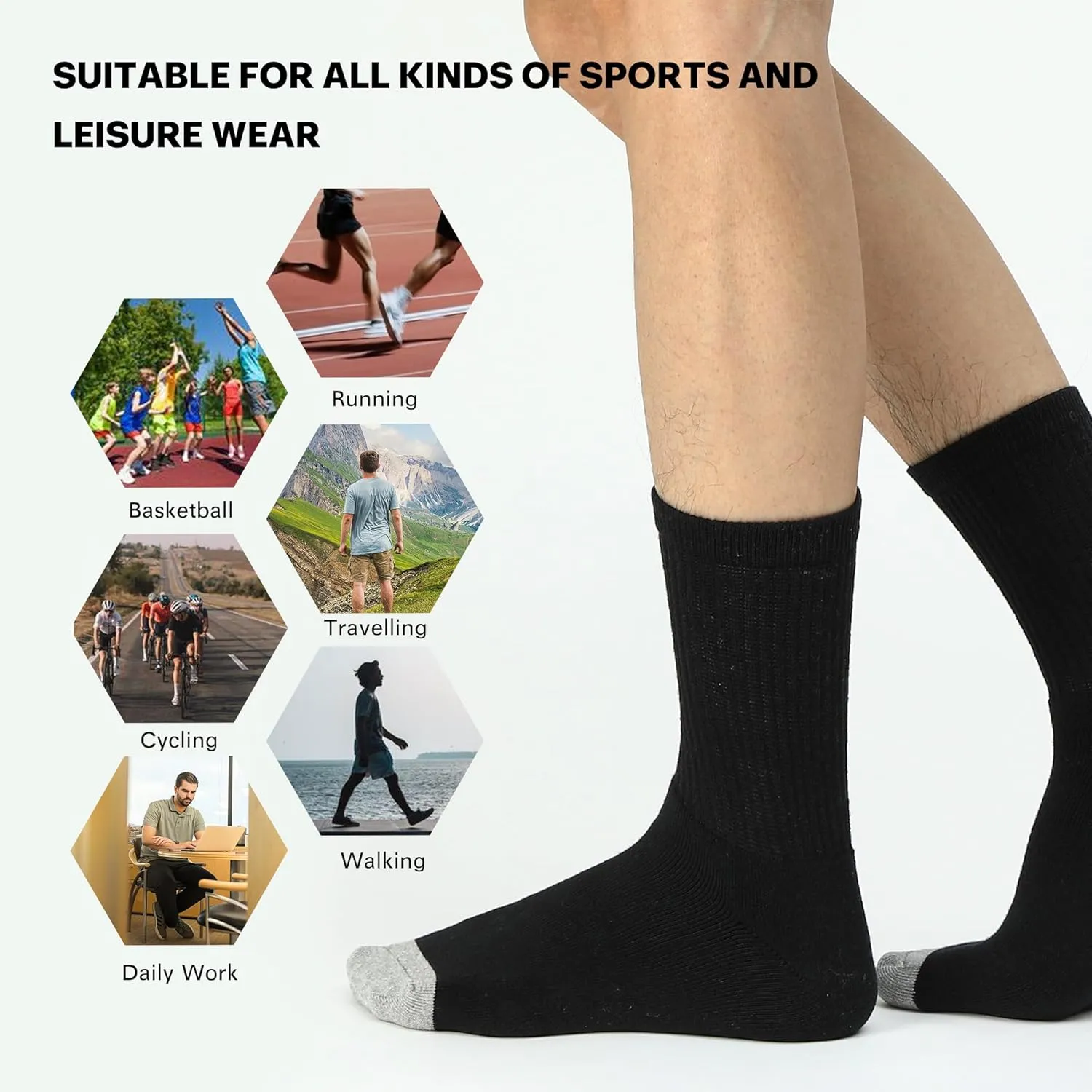 Men's Athletic Socks 6-Pairs Cotton Thick Cushion Running Socks Moisture-Wicking Mid-Crew Socks 6-9/9-12/12-15