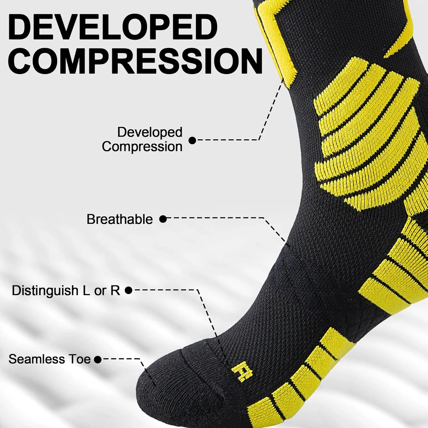 Mens Compression Crew Running Socks, Cushioned Moisture-Wicking Anti-Blister Athletic Socks for Hiking Basketball