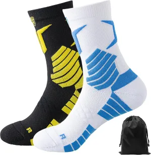 Mens Compression Crew Running Socks, Cushioned Moisture-Wicking Anti-Blister Athletic Socks for Hiking Basketball