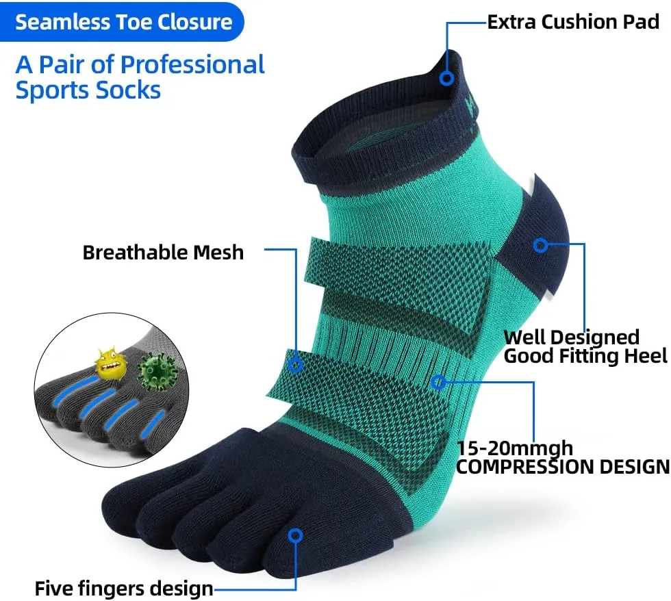 Men's Cotton Toe Socks Five Finger Socks Compression Crew No Show Athletic Socks for Running 4 Pairs(Size 7-11)