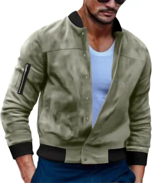 Men’s Suede Bomber Jacket Lightweight Classic Fit Snap Button Down Varsity Coat Casual Spring Fall Windbreaker