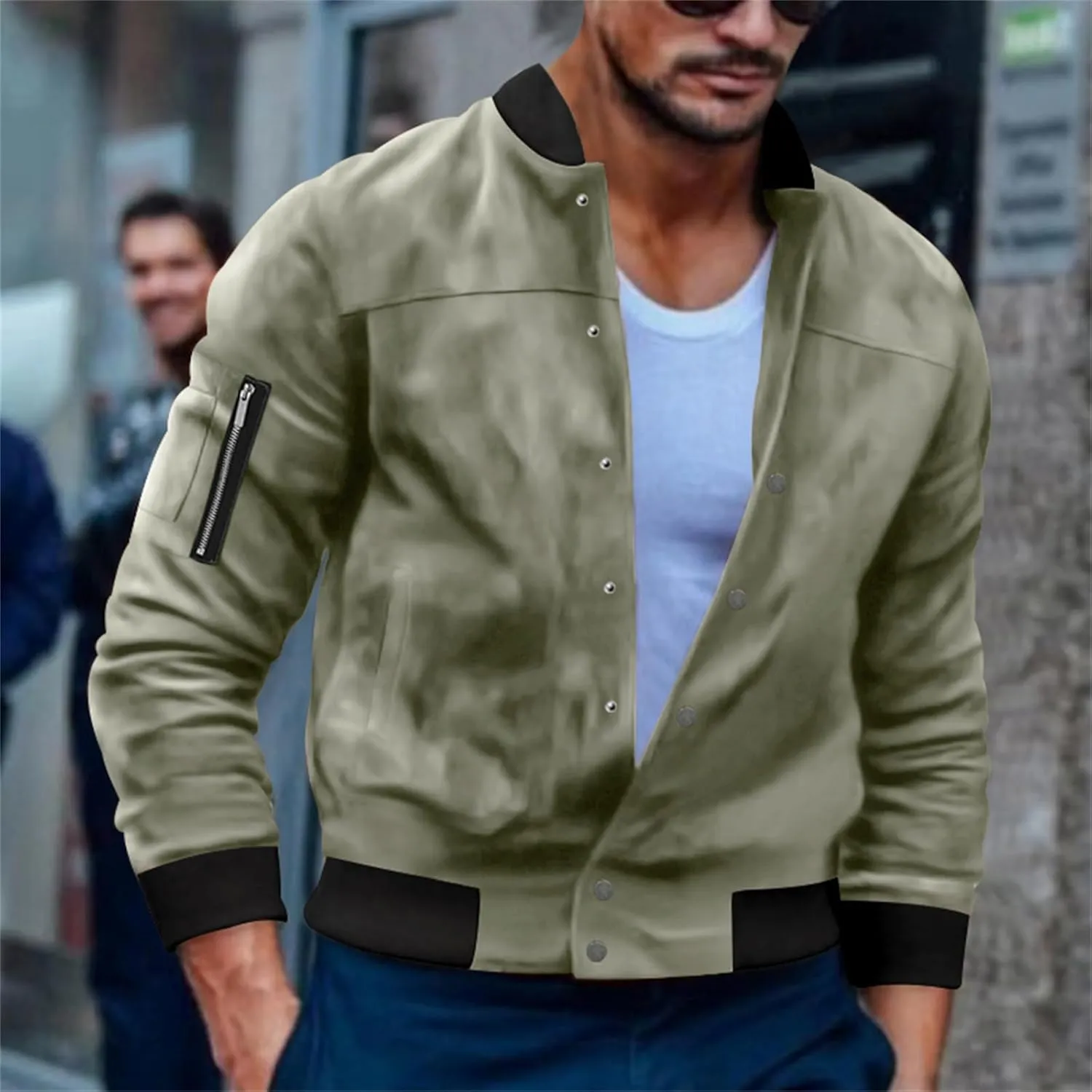 Men’s Suede Bomber Jacket Lightweight Classic Fit Snap Button Down Varsity Coat Casual Spring Fall Windbreaker