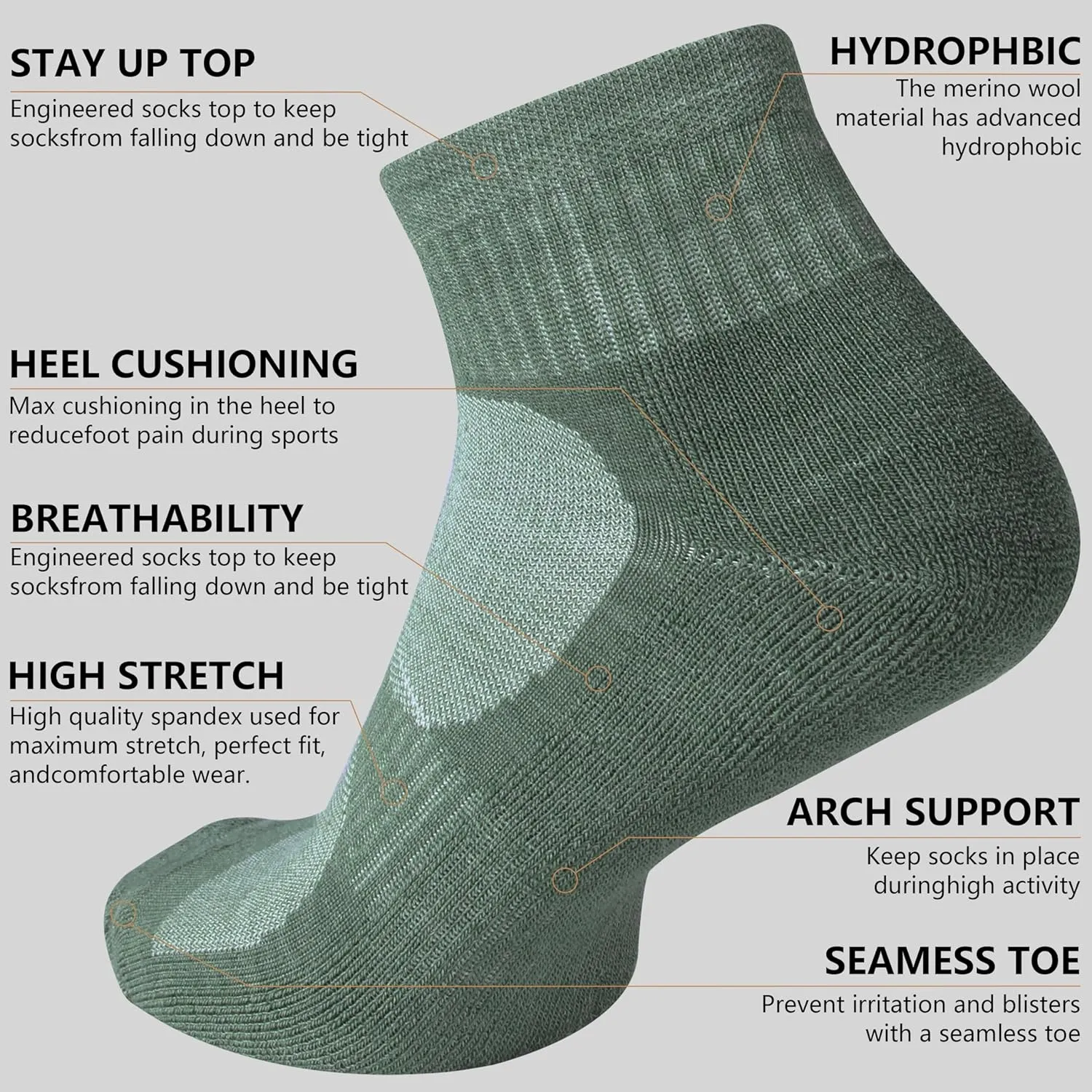 Merino Wool Ankle Socks for Men Women - Moisture-Wicking, Breathable, Arch Support, Padded Workout Year-Round Wear