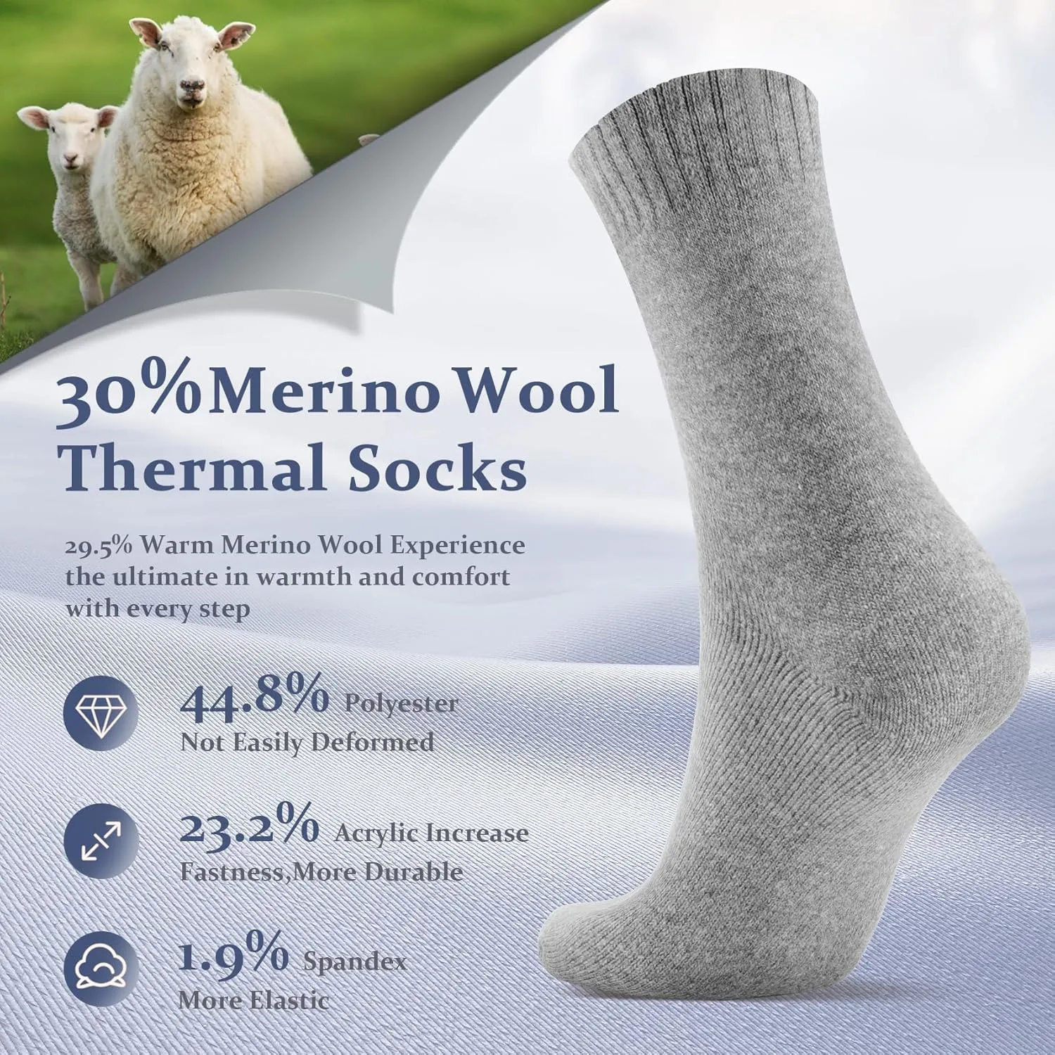 Merino Wool Socks for Men Hiking Thermal Warm Winter Crew Socks, 3 Pairs of Thick Cushion Moisture Wicking Socks