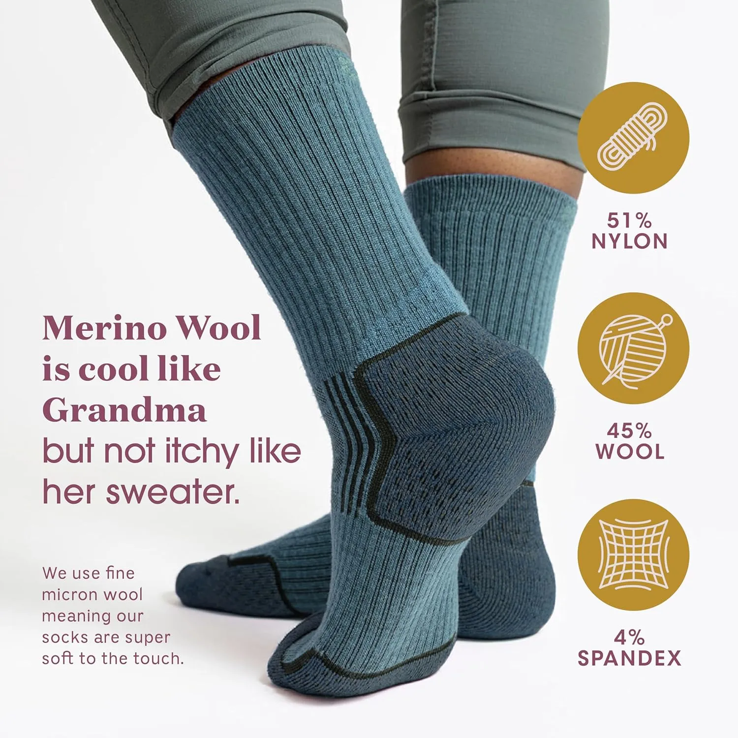 Merino Wool Socks for Women, Ladies Hiking Crew Socks for Camping, Warm Moisture Wicking Soft Cushion Boot Sock