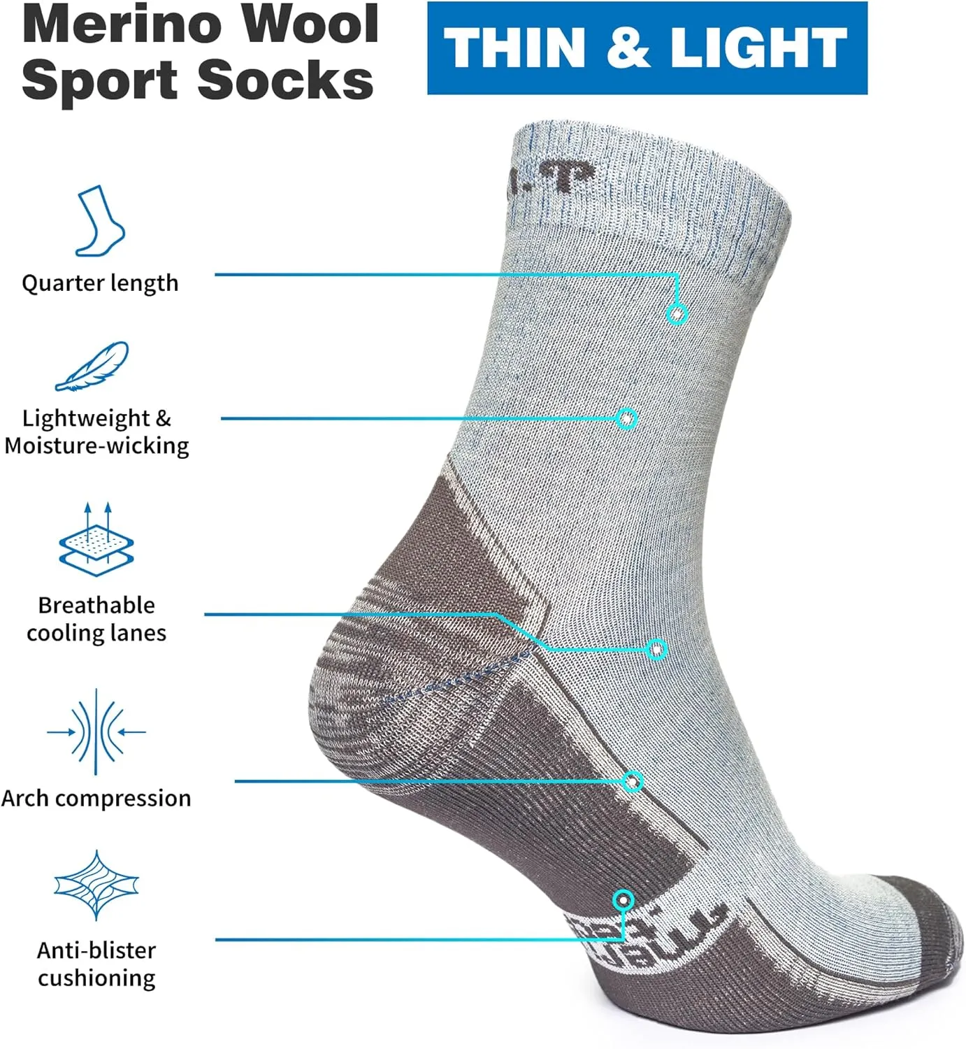 Merino.tech Thin Merino Wool Socks for Women and Men - Merino Wool Running Socks Quarter Style