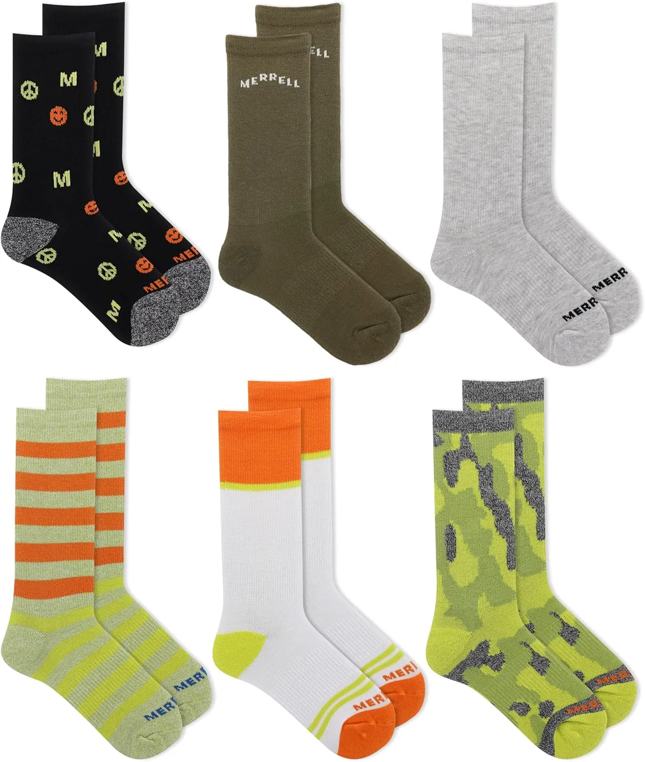 Merrell Kids' Everyday Half Cushion Crew Socks - 6 Pair Pack - Reinforced Heel and Toe