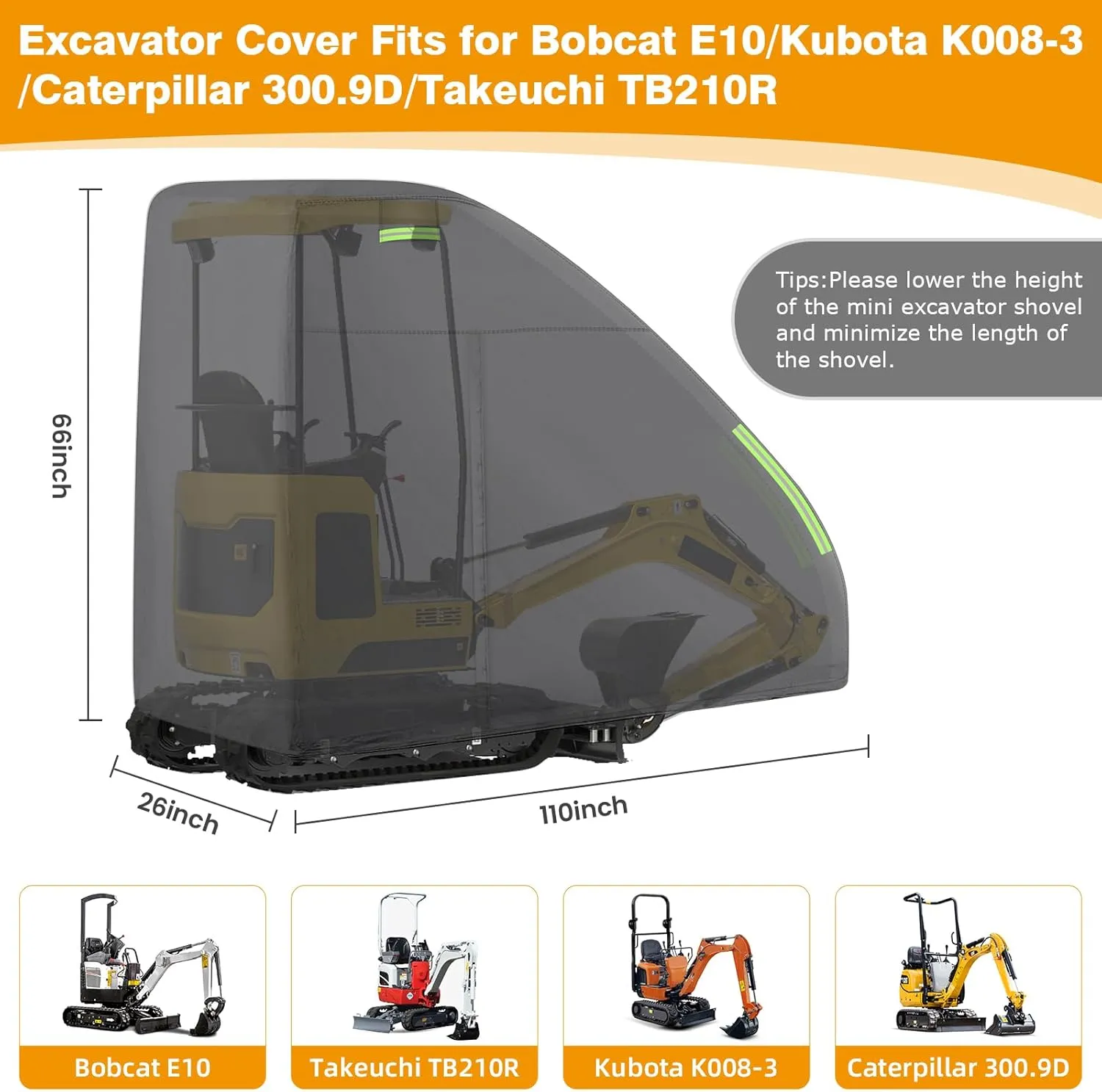 Mini Excavator Cover for Bobcat E10/Kubota K008-3/Caterpillar 300.9D/Takeuchi TB210R/Yanmar Vio10-2, Waterproof Sun Rain Dust Snow Protection Excavator Cover with Zipper Door & Reflective Strips-Black