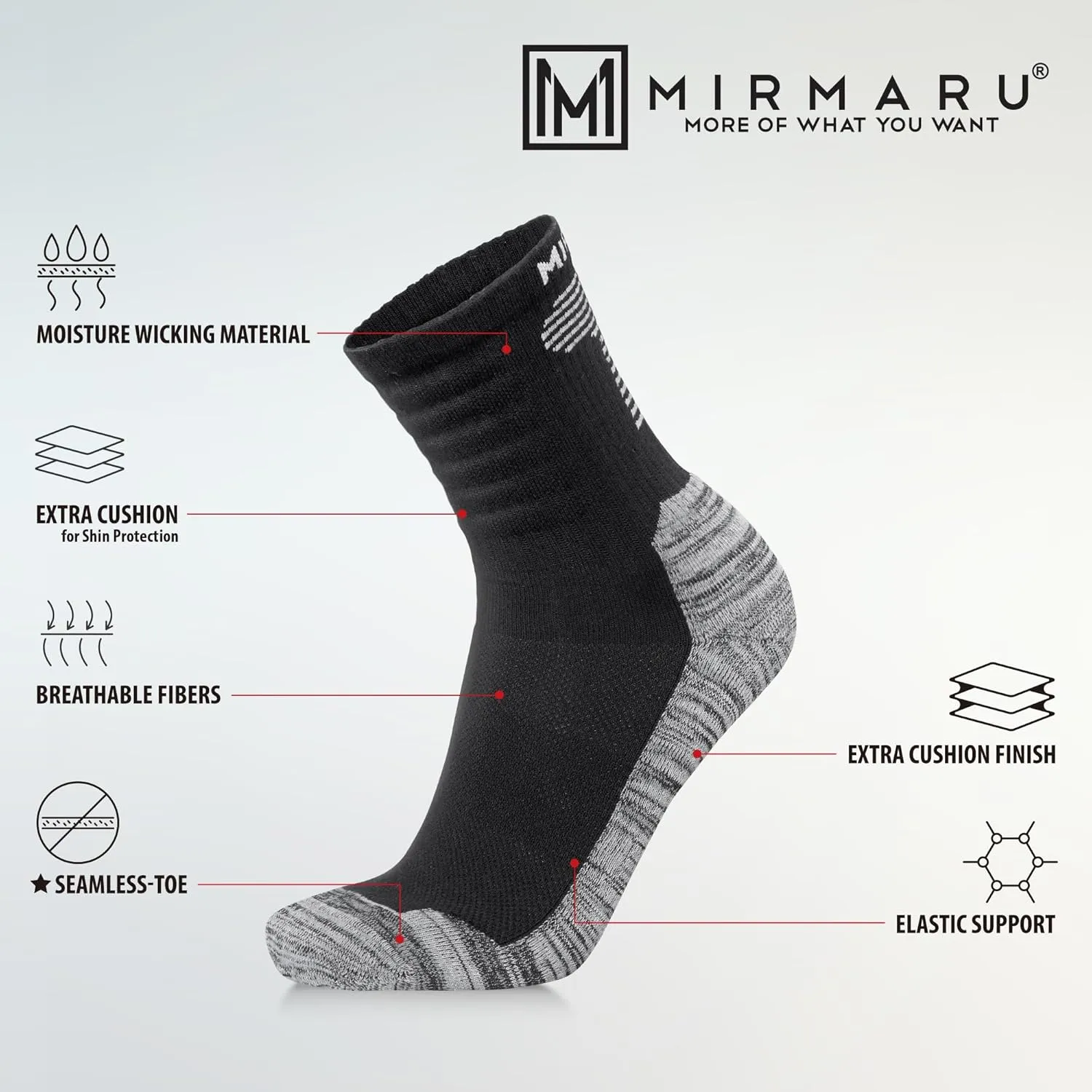 MIRMARU 3 Pairs Seamless Toe Hiking Outdoor Trail Running Trekking Moisture Wicking Cushion Crew Athletic Socks