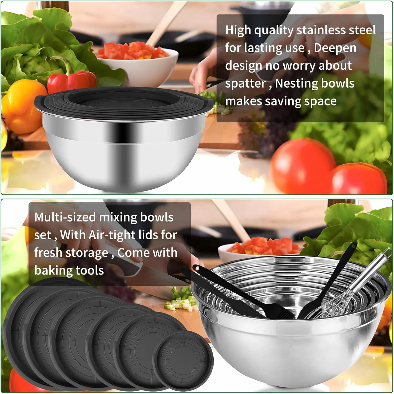 Mixing Bowls Set, 27PCS Stainless Steel Mixing Bowl with Lid Set, Large Nesting Bowls 7, 4.5, 3, 2.5, 2, 1.5QT, Measuring Cups and Spoons Baking Utensils Metal Bowl for Kitchen Prep