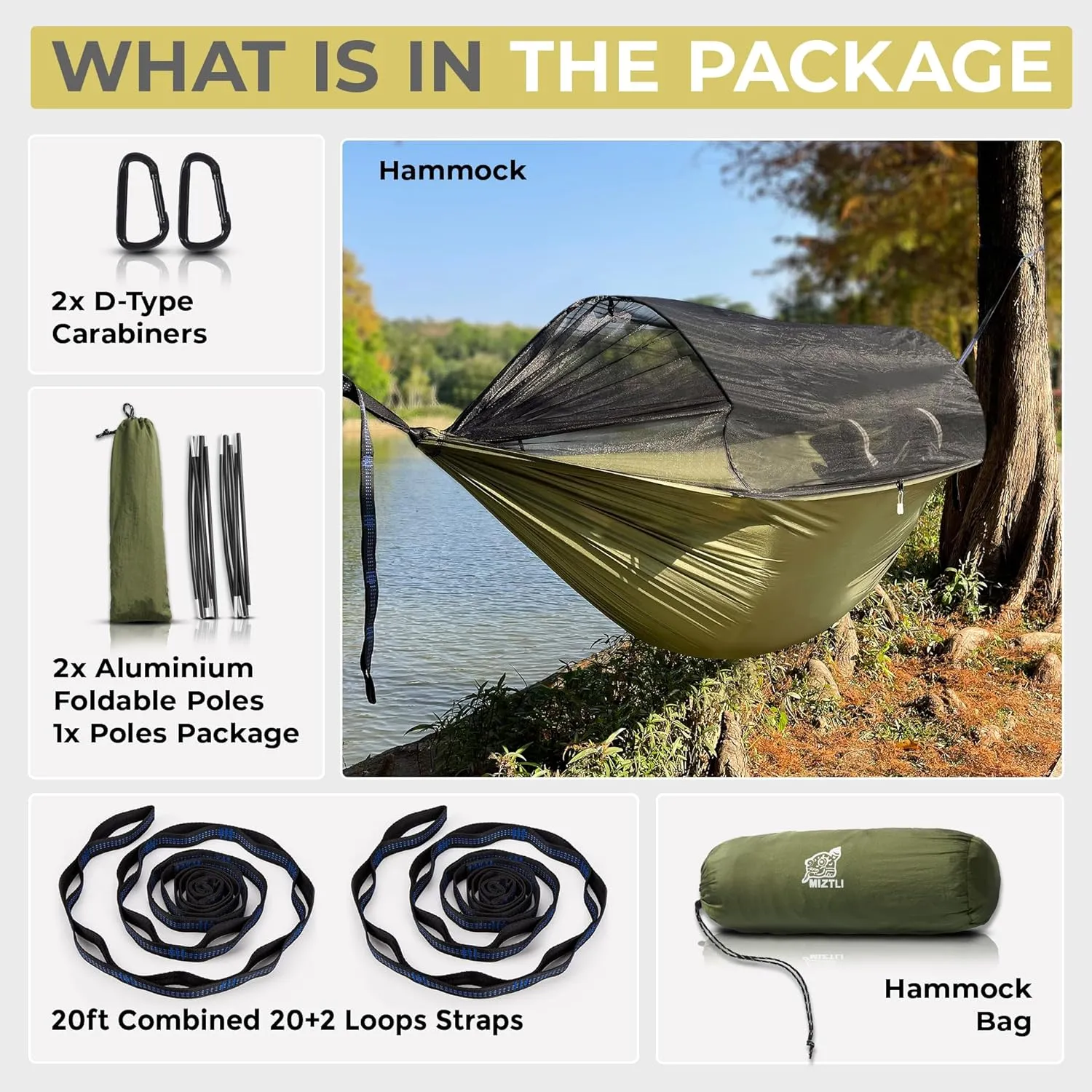 Miztli Camping Hammock -Portable Hammock w/Spacious Net & Tree Straps w/Adjutable Loops,Double and Single Hammock for Outdoor, Hiking, and Travel