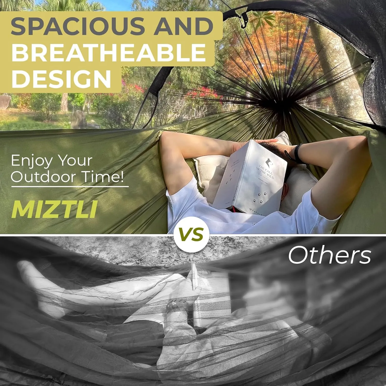 Miztli Camping Hammock -Portable Hammock w/Spacious Net & Tree Straps w/Adjutable Loops,Double and Single Hammock for Outdoor, Hiking, and Travel