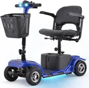 Mobility Scooter for Adults, Senior, Skmc 4 Wheels Electric Powered Chargeable Device for Travel, Lightweight and Portable, with LED Headlights and Basket, Charger Included, Red/Blue (Blue-Blue)