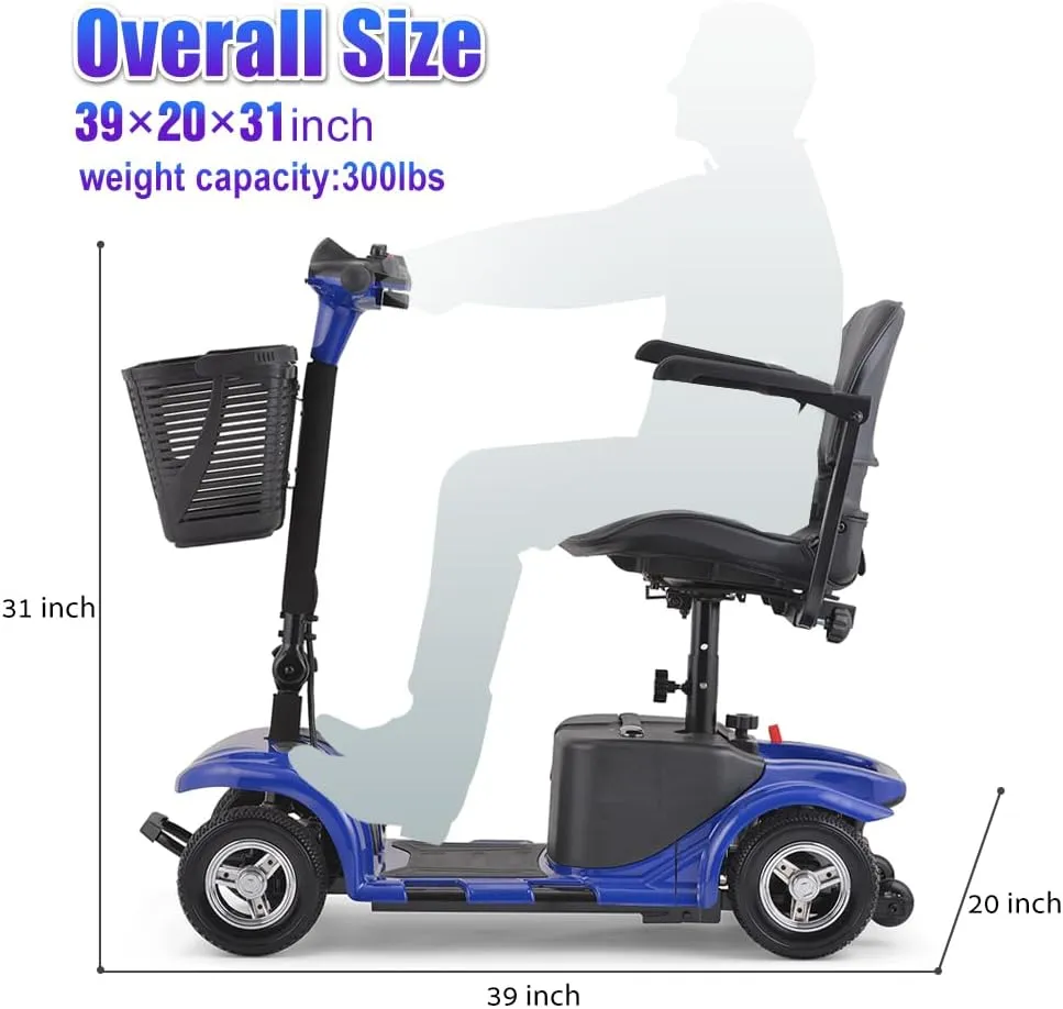 Mobility Scooter for Adults, Senior, Skmc 4 Wheels Electric Powered Chargeable Device for Travel, Lightweight and Portable, with LED Headlights and Basket, Charger Included, Red/Blue (Blue-Blue)