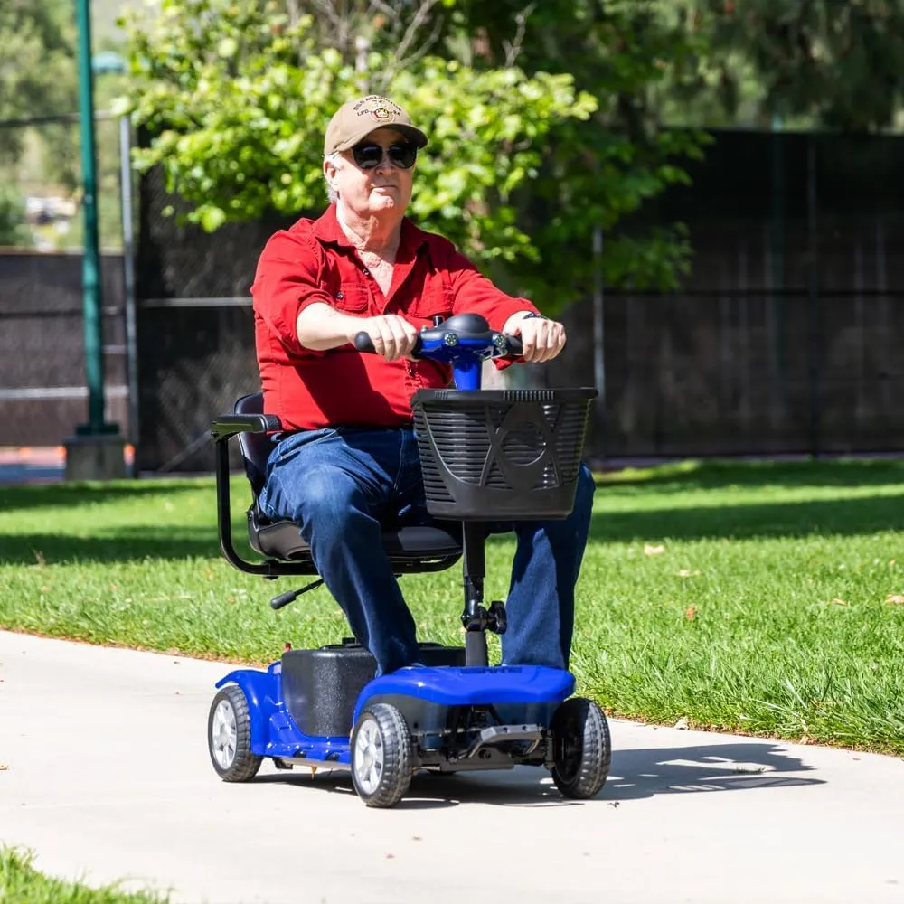 Mobility Scooter for Adults, Senior, Skmc 4 Wheels Electric Powered Chargeable Device for Travel, Lightweight and Portable, with LED Headlights and Basket, Charger Included, Red/Blue (Blue-Blue)