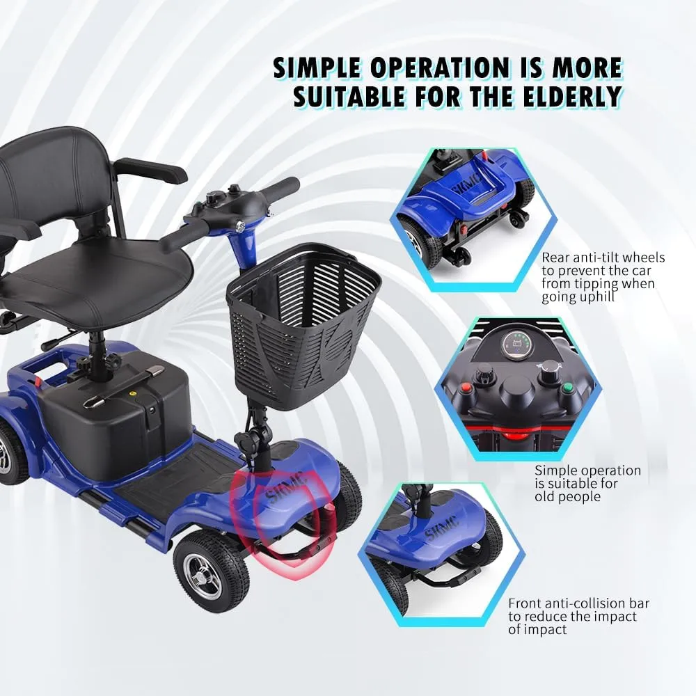 Mobility Scooter for Adults, Senior, Skmc 4 Wheels Electric Powered Chargeable Device for Travel, Lightweight and Portable, with LED Headlights and Basket, Charger Included, Red/Blue (Blue-Blue)