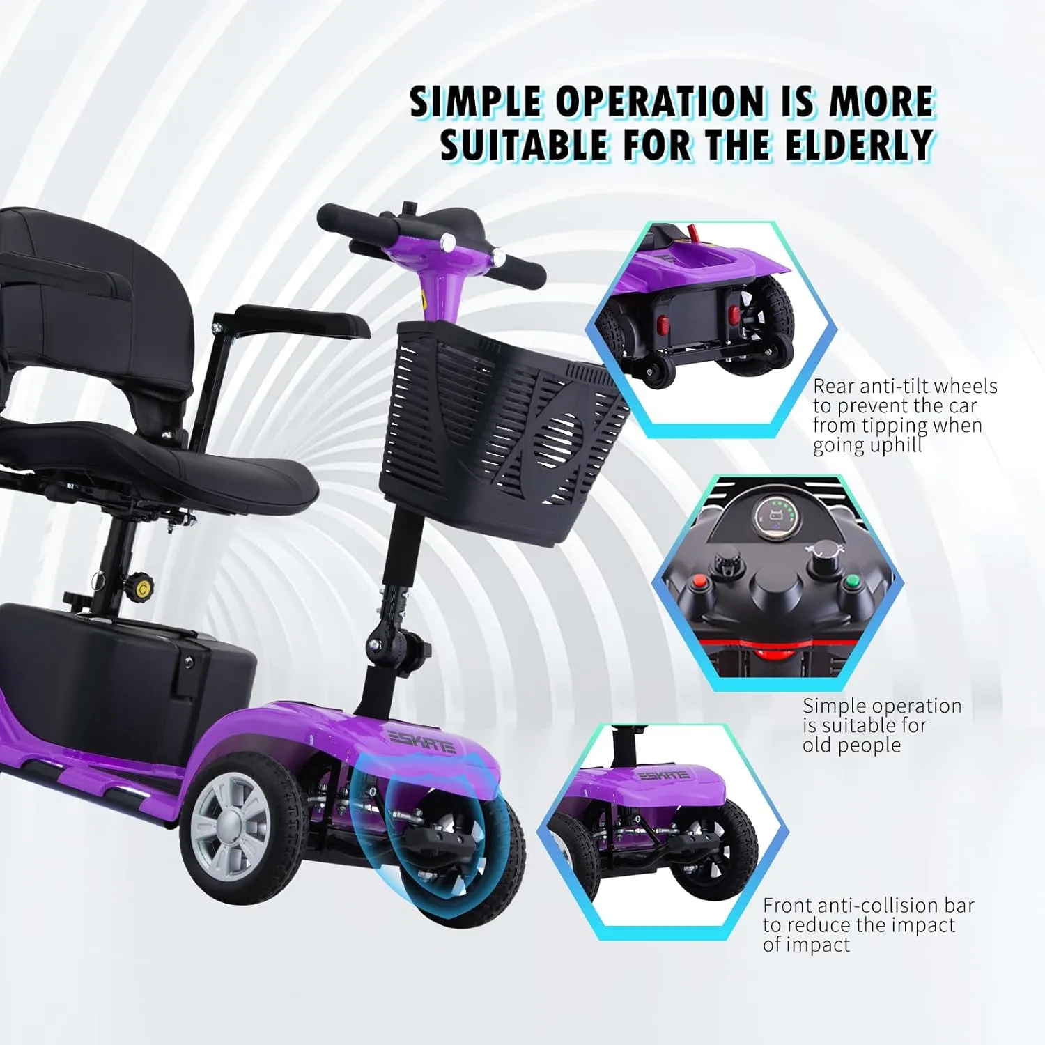 Mobility Scooter for Adults, Senior, Skmc 4 Wheels Electric Powered Chargeable Device for Travel, Lightweight and Portable, with LED Headlights and Basket, Charger Included, Red/Blue (Purple)