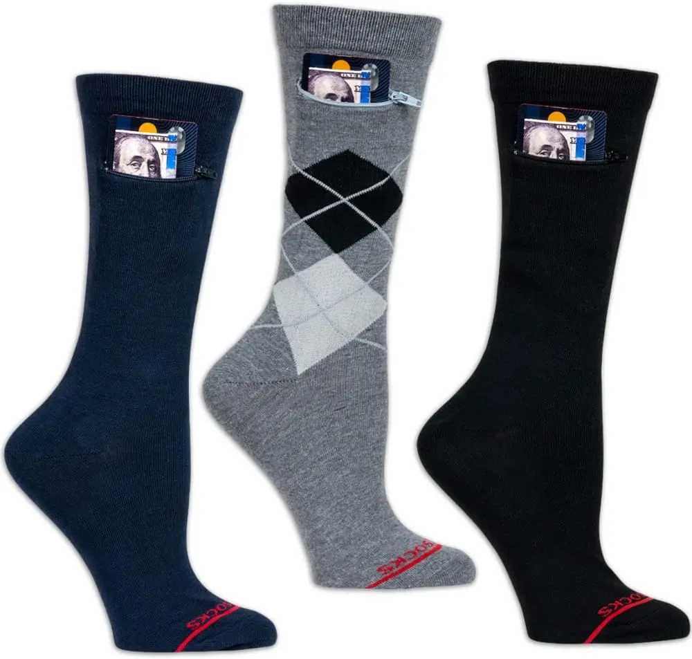 Moisture Wicking Crew Socks - Anti Pickpocket Dress Socks for Women and Men w/Hidden Pocket