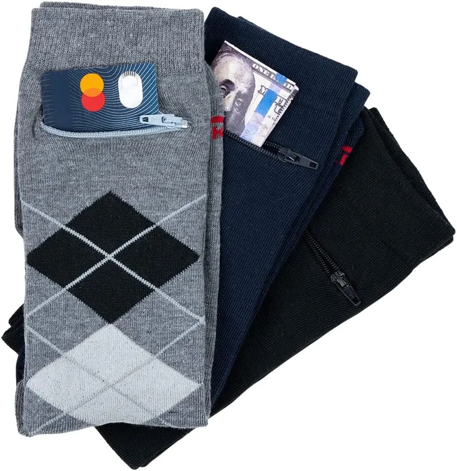 Moisture Wicking Crew Socks - Anti Pickpocket Dress Socks for Women and Men w/Hidden Pocket