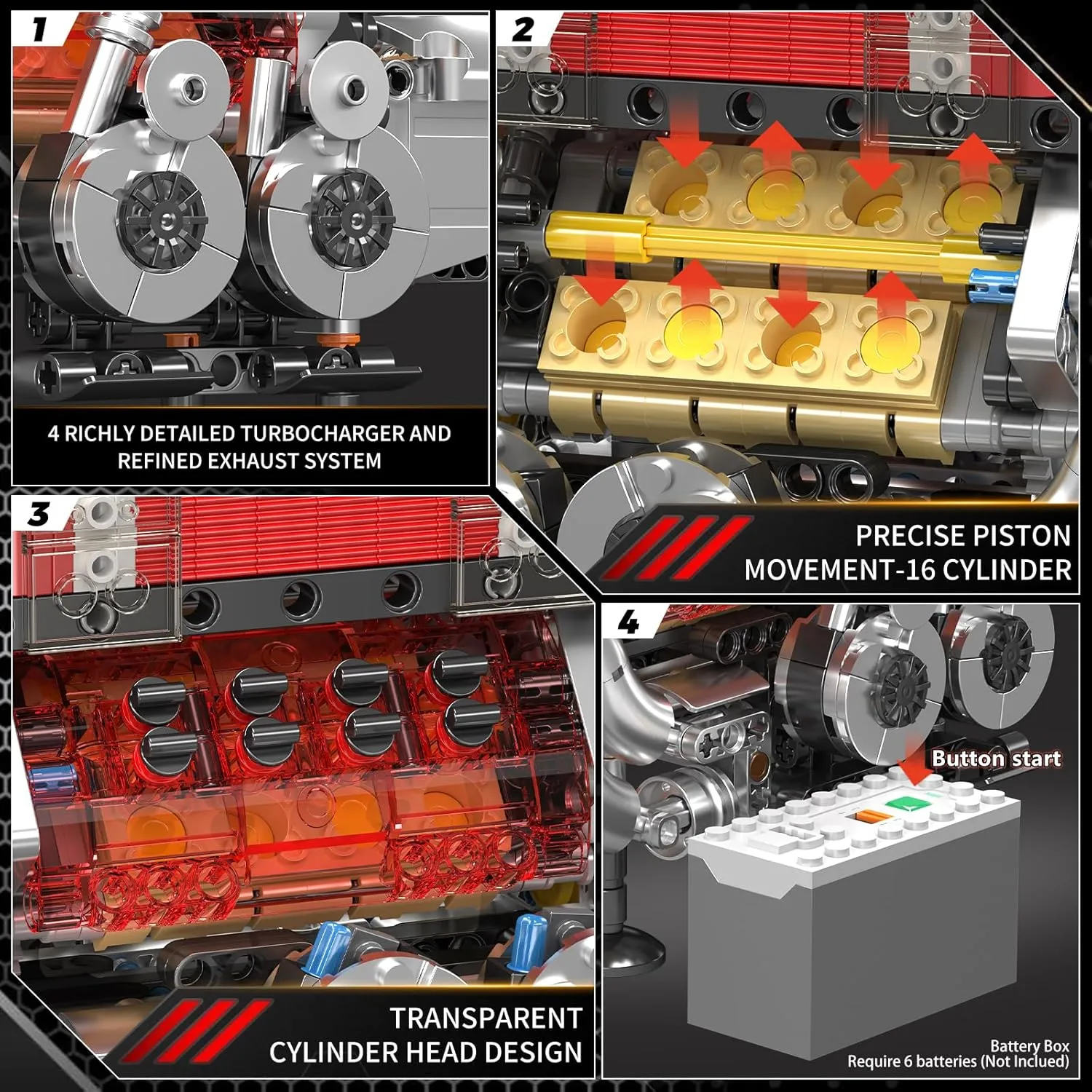 Mould King 10163 W16 Engine Building Blocks Sets, Mini Engine Model kit That Run, Build Your Own Visible Car Motor, Physical Science Experiment Model for Teens, STEM Toy Gifts for Kids/Adult(955 Pcs)