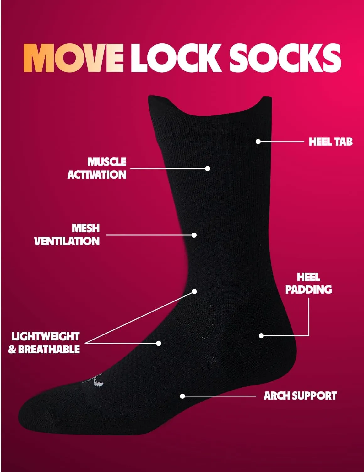 Move Compression Lock Socks - Basketball Sports Crew socks with Shock Absorption, Anti-Blister, Moisture Wicking-25-35mmHG