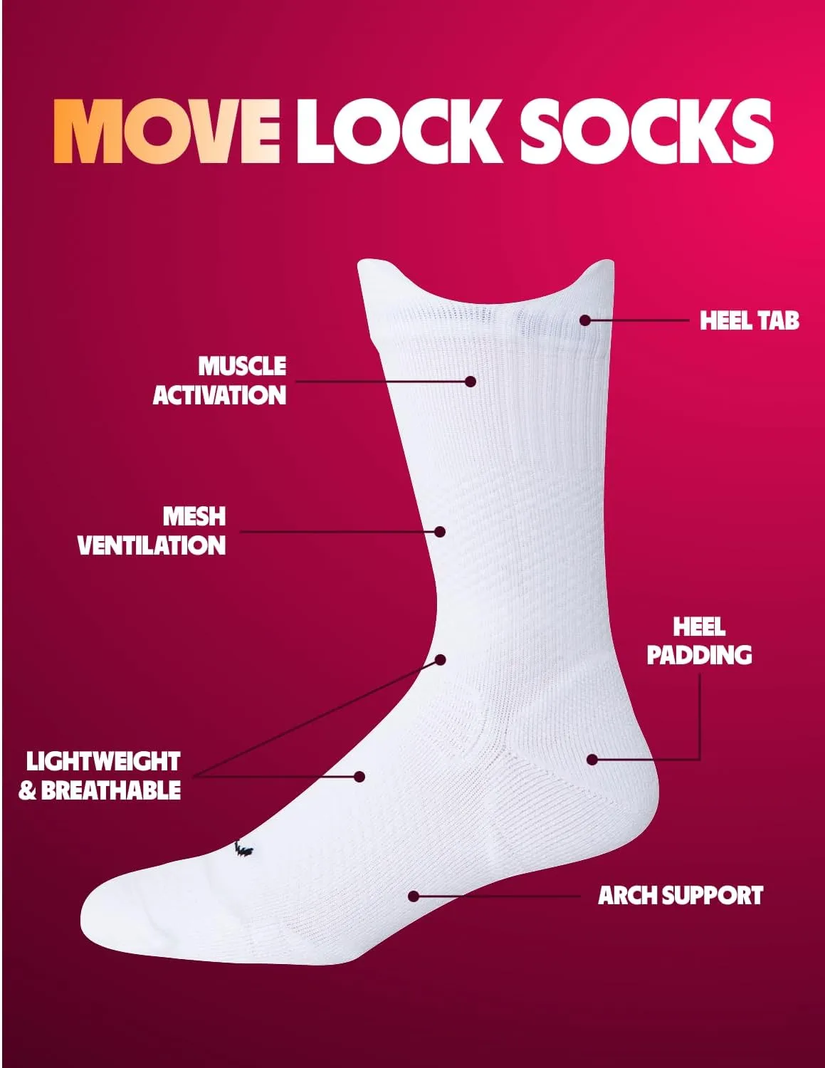 Move Compression Running Socks 25-35mmHG - Basketball Sports Crew socks with Shock Absorption, Anti-Blister, Moisture Wicking