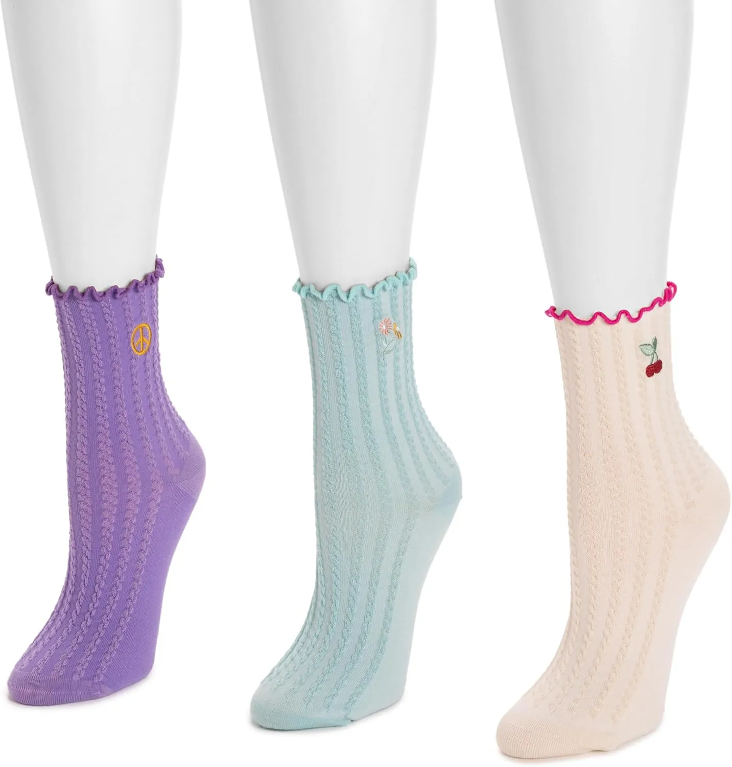 MUK LUKS Women's 3 Pack Texture Embroidery Crew Sock