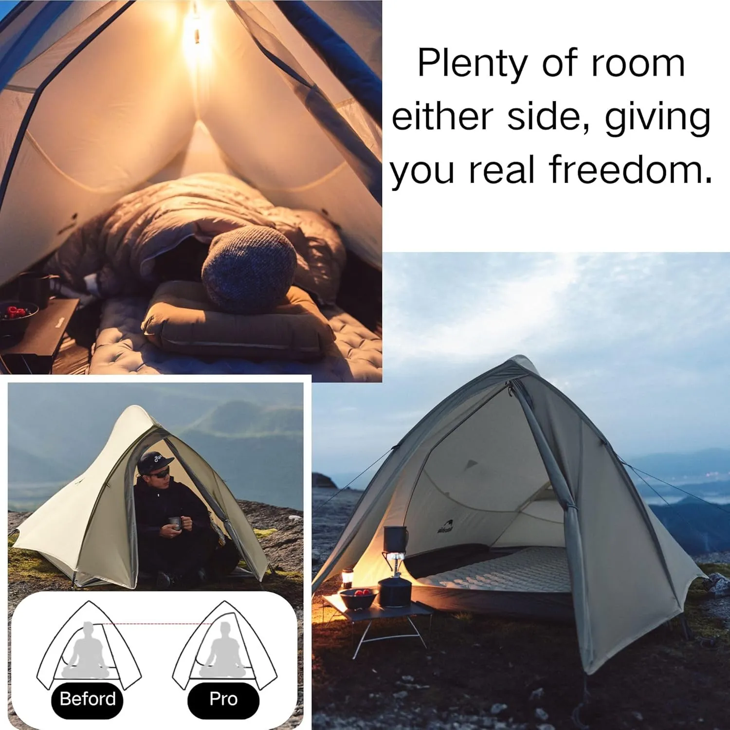 Naturehike 2024 Cloud up Pro Tent, Upgrade Ultralight Tents,1.23kg/2.7lbs,Double 1 Person Tent,for Cycle Camping,Backpacking,Hiking,Self-Standing, Construction,Easy Set up