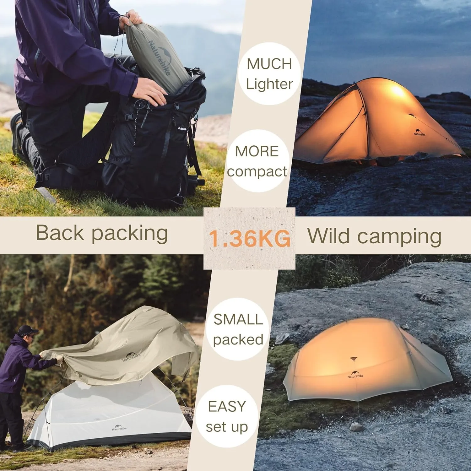 Naturehike 2024 Cloud up Pro Tent, Upgrade Ultralight Tents,1.23kg/2.7lbs,Double 1 Person Tent,for Cycle Camping,Backpacking,Hiking,Self-Standing, Construction,Easy Set up