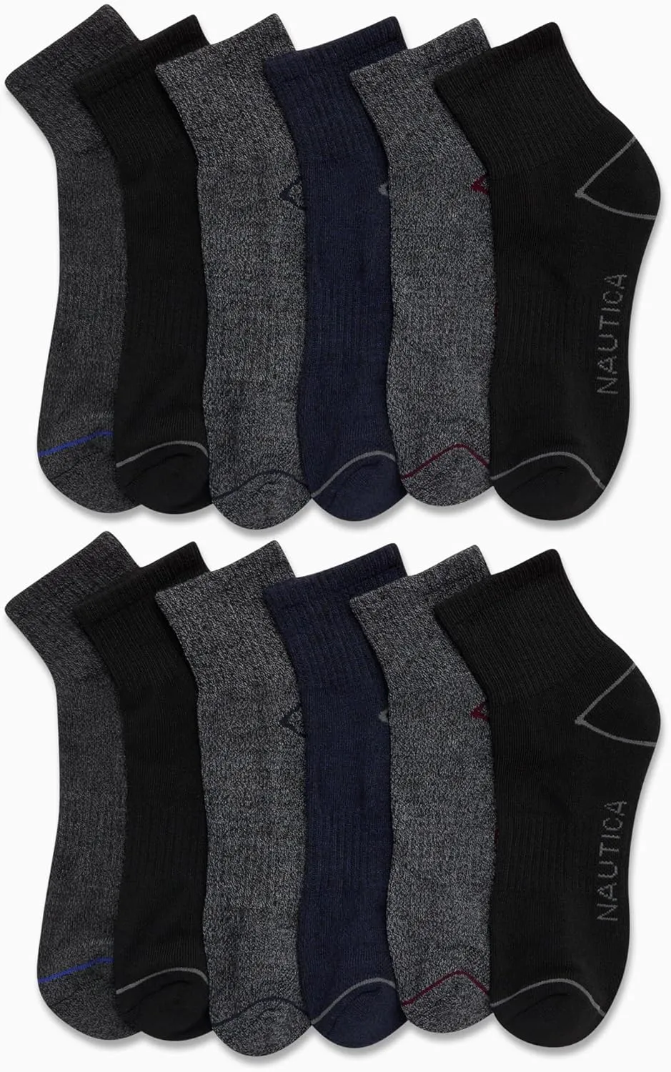 Nautica Mens Quarter Socks - 12 Pack Comfort Stretch Cushioned Moisture-Wicking Athletic Ankle Socks for Men (Sizes: 6-12.5)