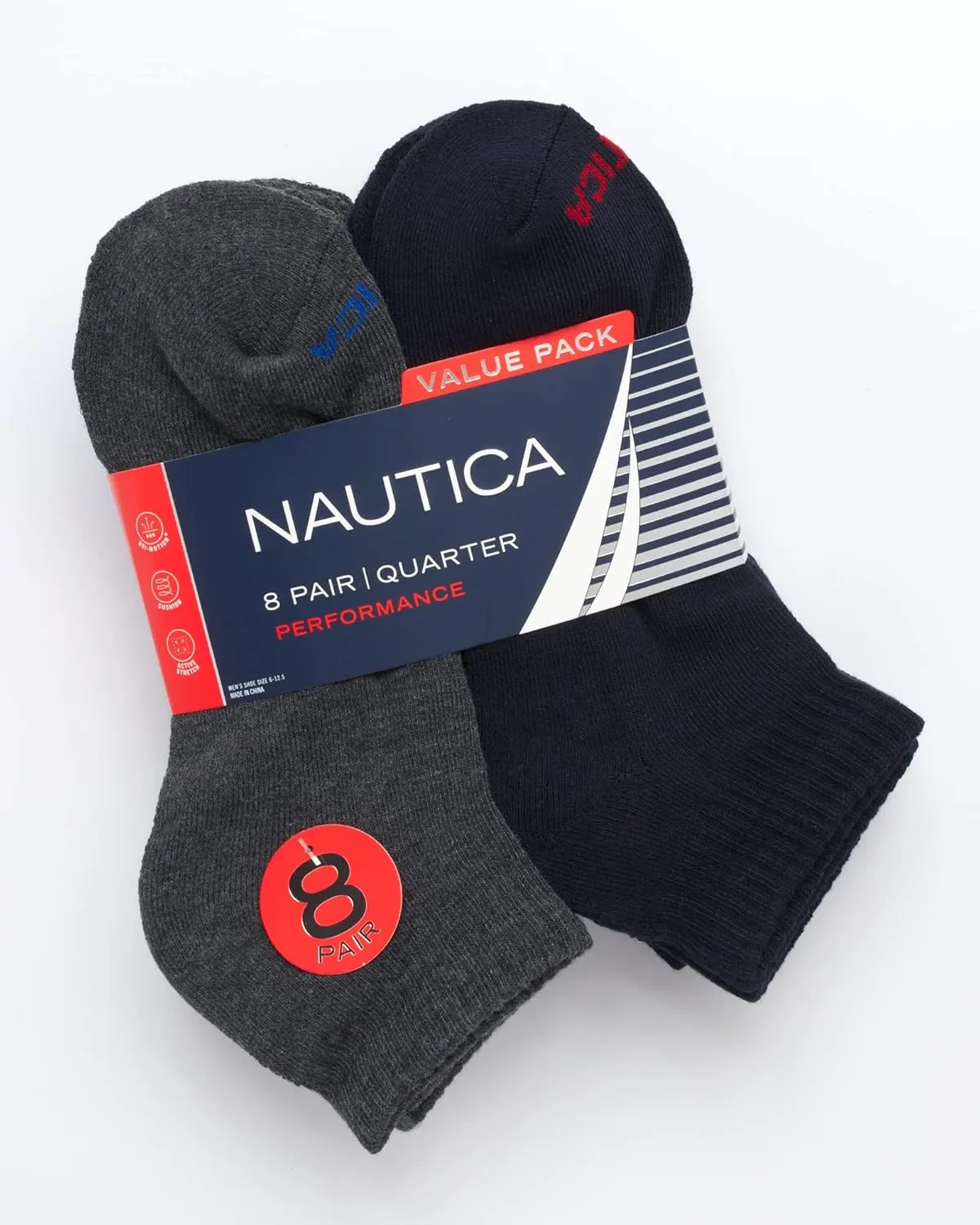 Nautica Mens Quarter Socks - 8 Pack Comfort Stretch Cushioned Moisture-Wicking Athletic Ankle Socks for Men (Sizes: 6-12.5)