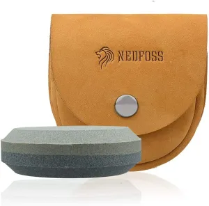 NedFoss Axe Sharpener Tool with Leather Sheath, Sharpening Puck Whetstone Hatchet & Tool Sharpening Stone, Dual Grit Multi-Purpose Sharpener (Brown)