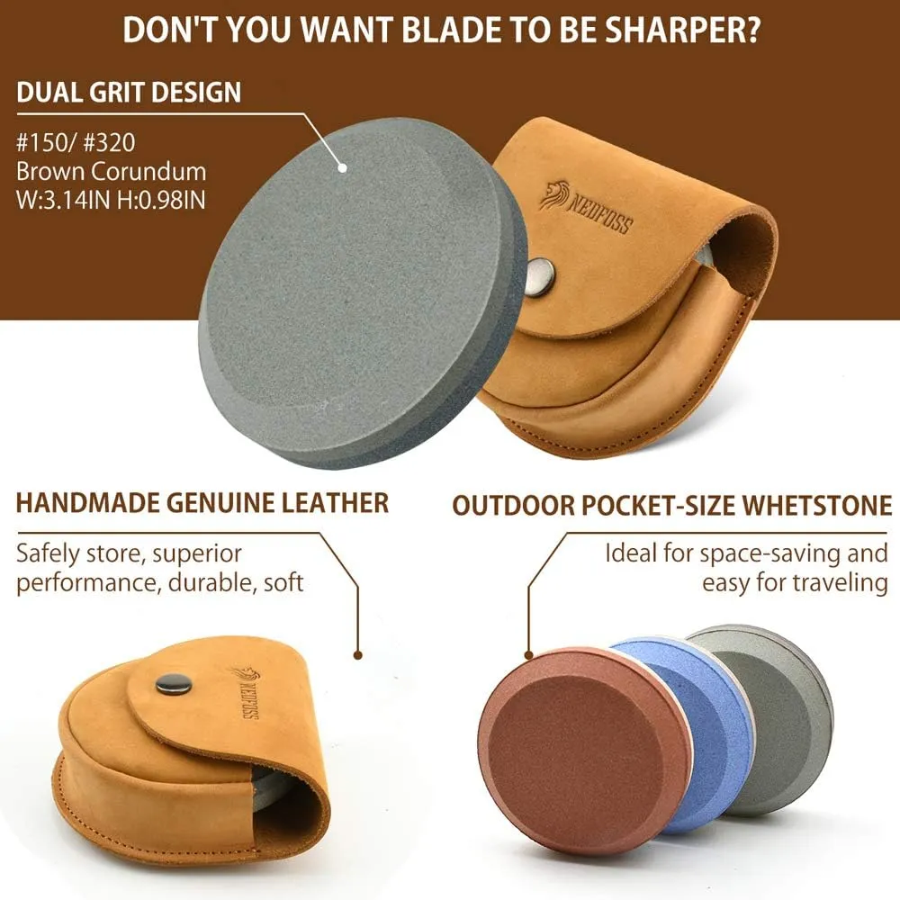 NedFoss Axe Sharpener Tool with Leather Sheath, Sharpening Puck Whetstone Hatchet & Tool Sharpening Stone, Dual Grit Multi-Purpose Sharpener (Brown)