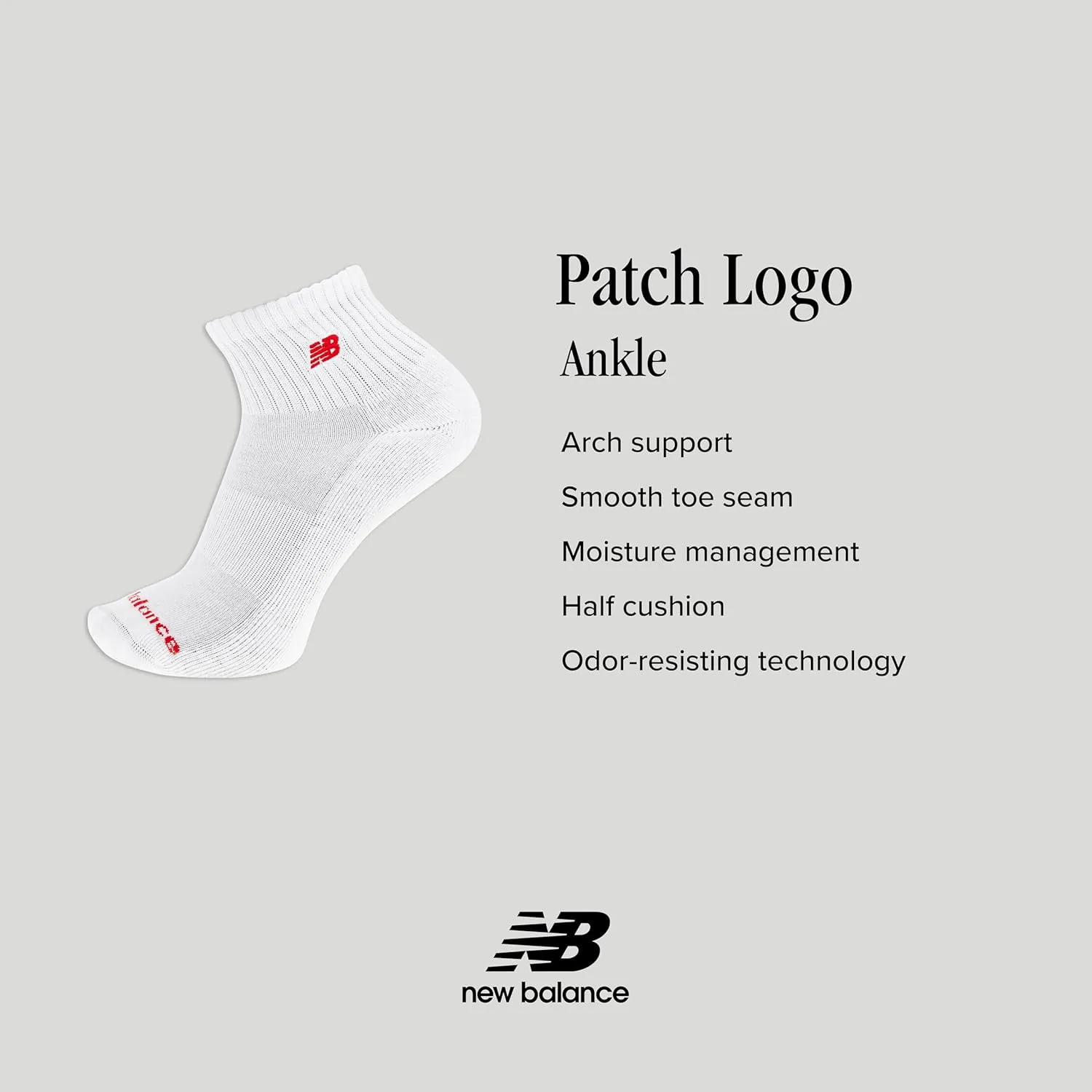 New Balance Patch Logo Ankle Socks-3 Pairs-Cushioned Moisture Wicking