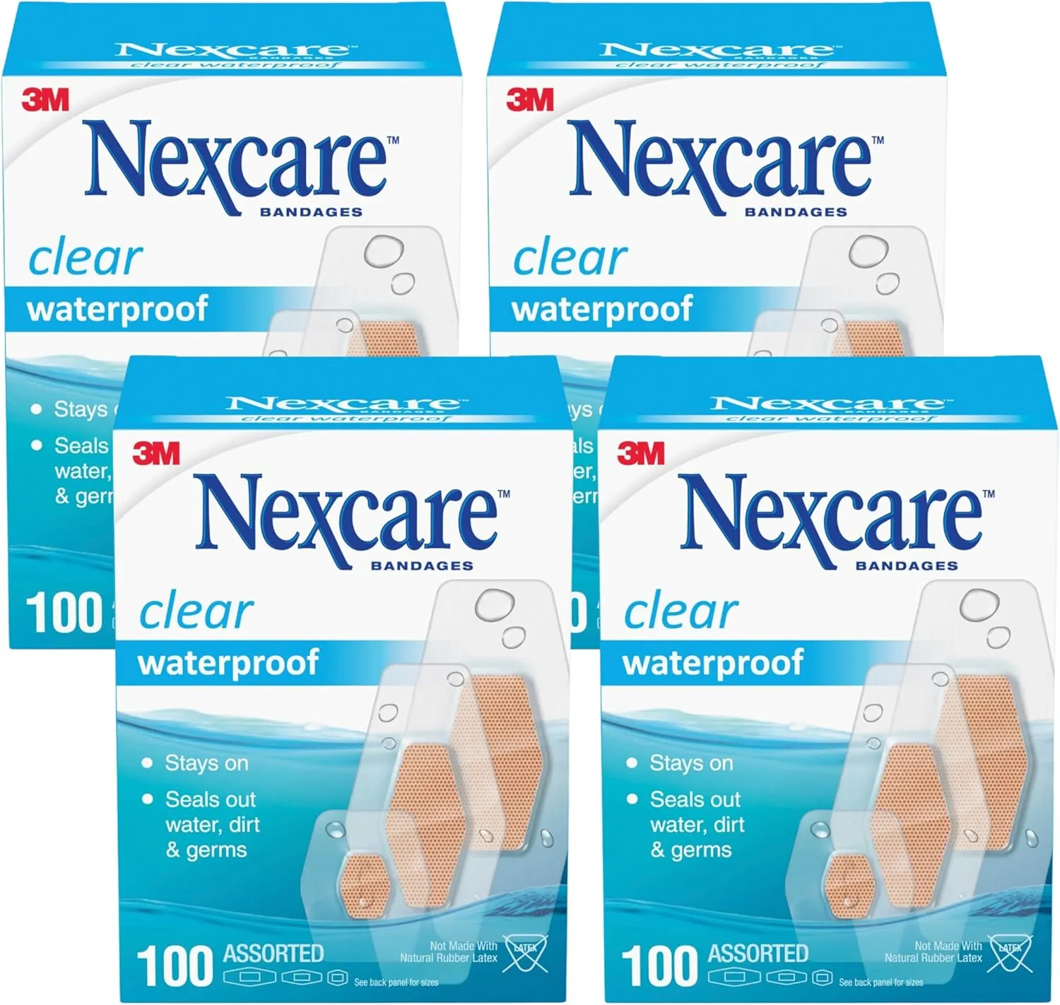 Nexcare Waterproof Adhesive Bandages, Clear, Assorted Sizes, 100 Count (Pack of 4) – Stays On in Shower or Pool with 360 Degree Seal That Blocks Water, Dirt & Germs