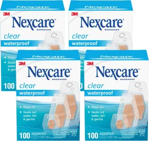Nexcare Waterproof Adhesive Bandages, Clear, Assorted Sizes, 100 Count (Pack of 4) – Stays On in Shower or Pool with 360 Degree Seal That Blocks Water, Dirt & Germs