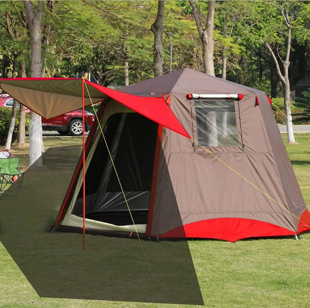 NIEH 3-4 Person Automatic Tent with Porch Camping Pop Up Tent with 2 Door and 2 Windows Double Layer Instant Family Tent for Camping Outdoor Hiking, Red