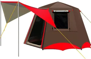 NIEH 3-4 Person Automatic Tent with Porch Camping Pop Up Tent with 2 Door and 2 Windows Double Layer Instant Family Tent for Camping Outdoor Hiking, Red