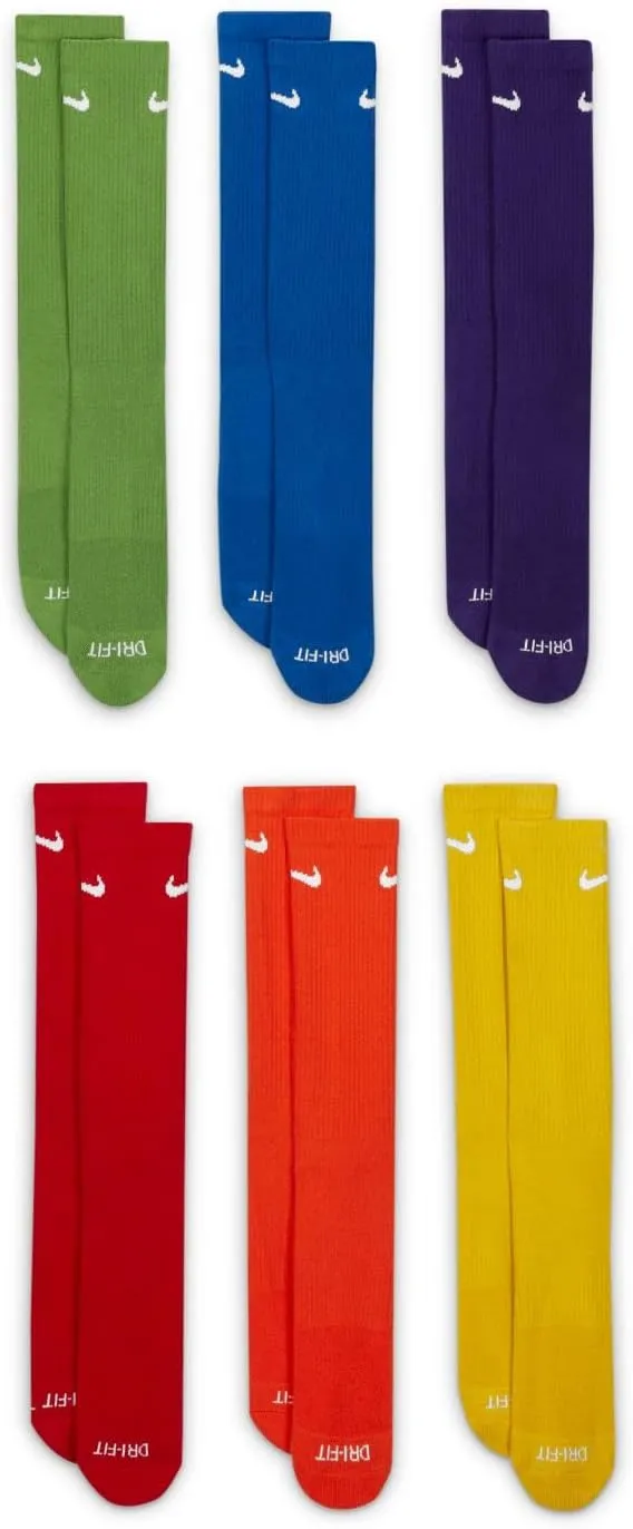 Nike 6 Pack Sports Dri-Fit Moisture Wicking Athletic Crew Socks Red Yellow Blue Green Purple Orange White