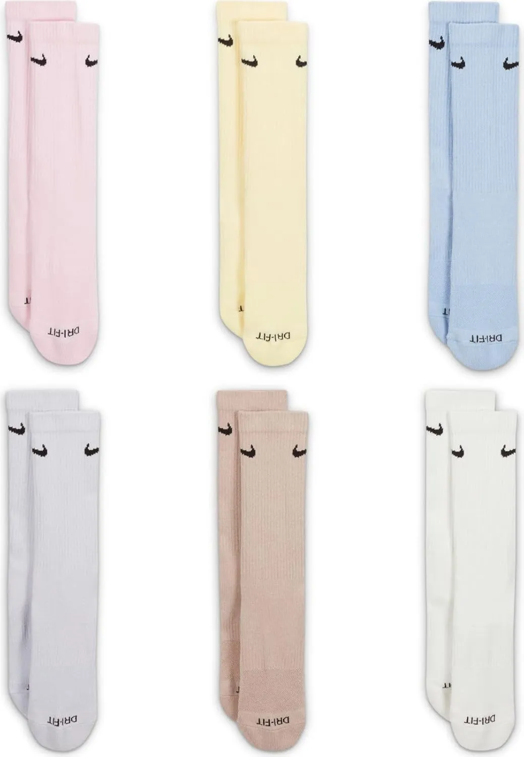 Nike 6 Pack Sports Dri-Fit Moisture Wicking Athletic Crew Socks Red Yellow Blue Green Purple Orange White